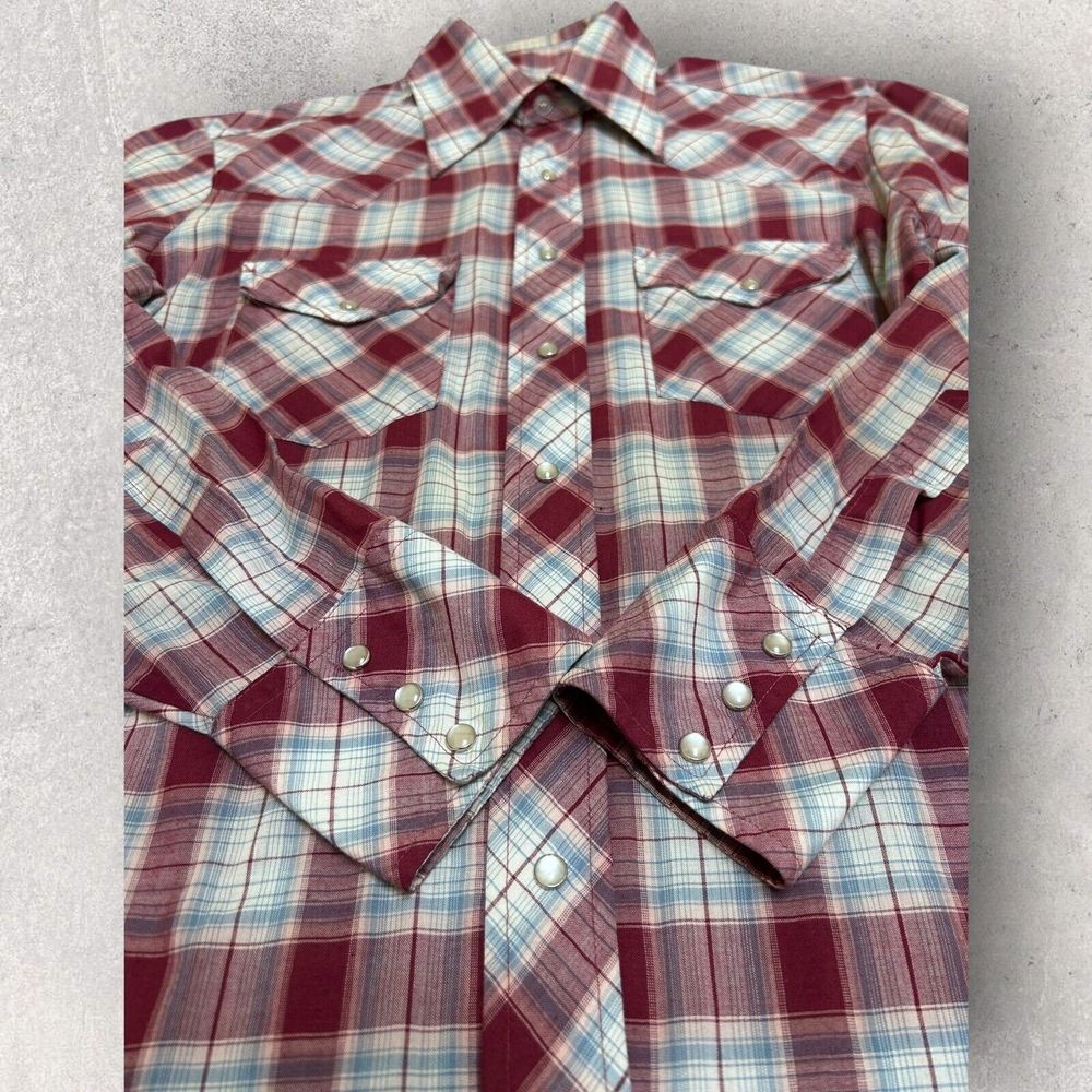 Vtg 70s Bronco Western Mens Fits Medium‎ Red Plaid Pearl Snap - Picture 3 of 9